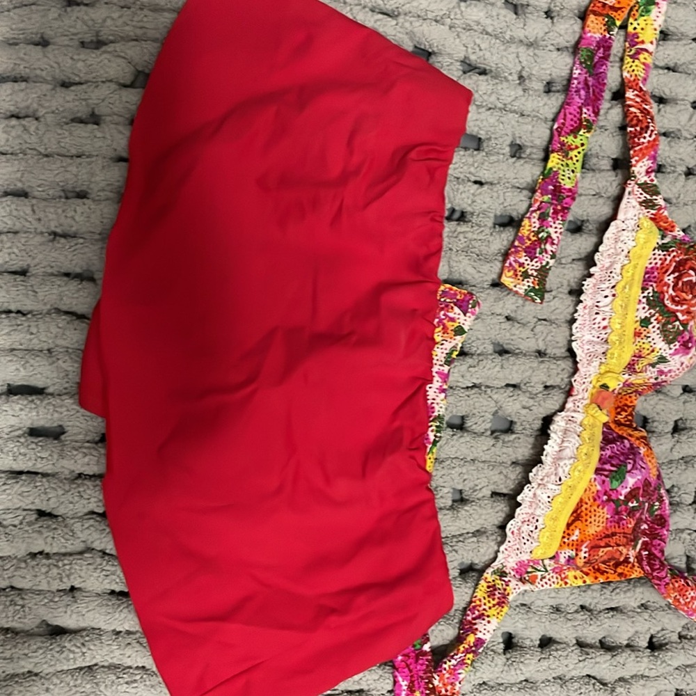 Vintage Betsey Johnson Pink and Red Lace Trim Small Bikini & red wrap skirt - Picture 6 of 10